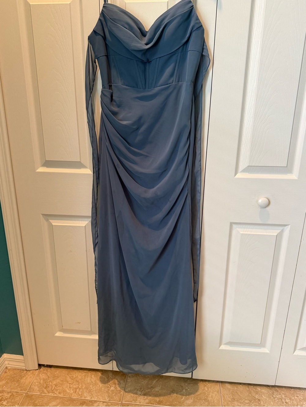 % Azazie 6/8 (A10) Slate Blue Draped Chiffon Evening Gown